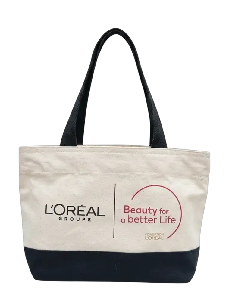 BASIC PLUS Minitotebag in natural canvas with a navy base and black handles, printed for L&rsquo;Or&eacute;al Groupe in Thailand