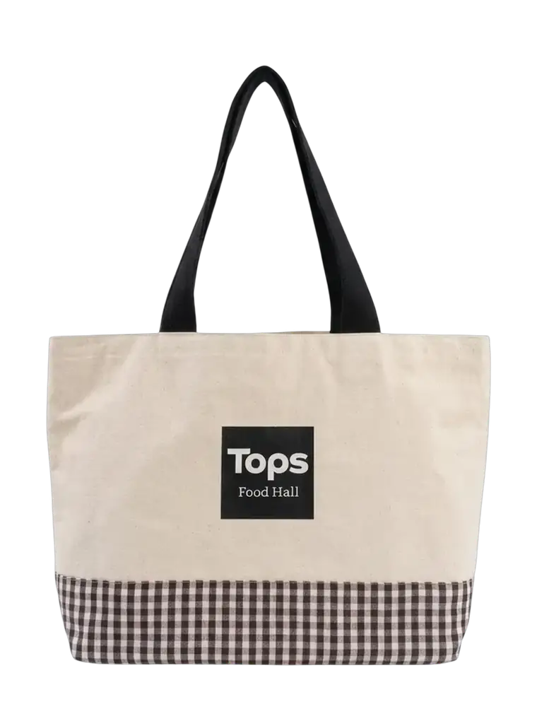 PREMIUM Shopping Bag in natural canvas with a checked base and black handles, printed for Tops Food Hall